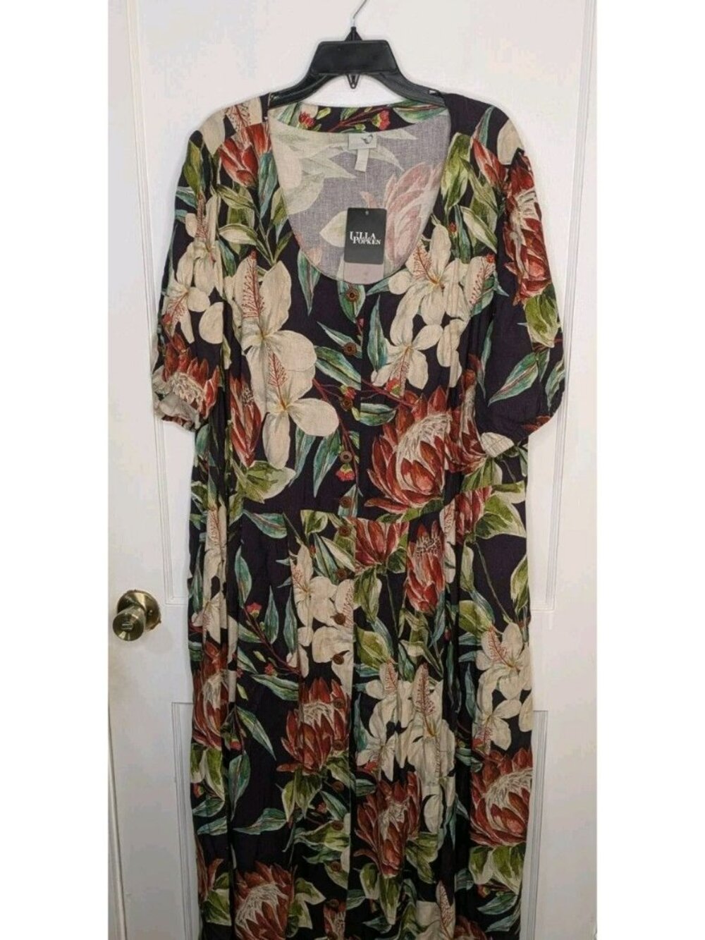 NWT Von Landon Ulla Popken Cottage Core Floral Black Dress Pocket Button Size 26